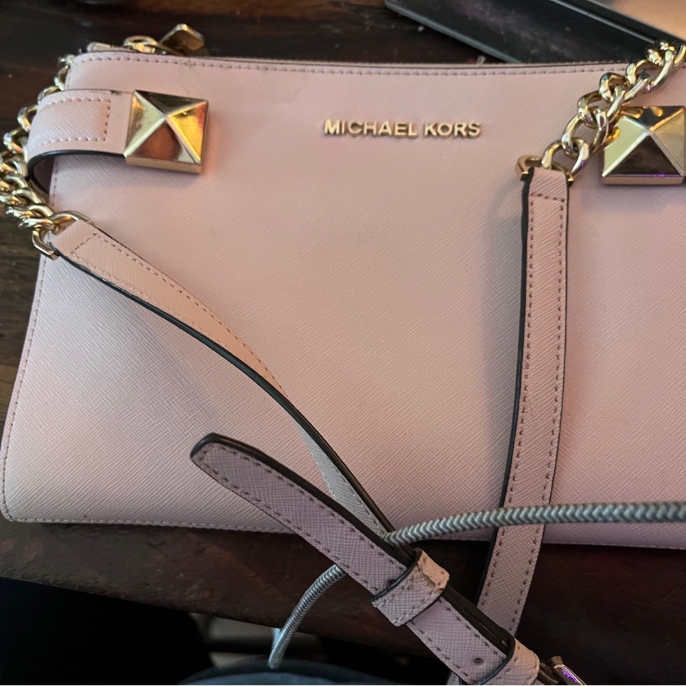Michael Kors Light Pink Crossbody with Gold Chain and Studs